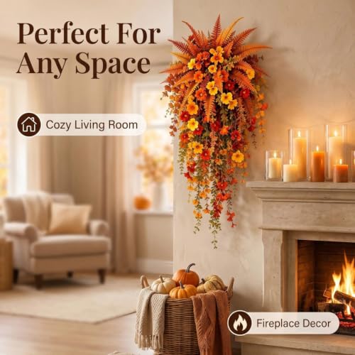 Artificial Fall Harvest Hanging Basket with Lifelike Flowers - Autumn Porch Decor - Variation 2