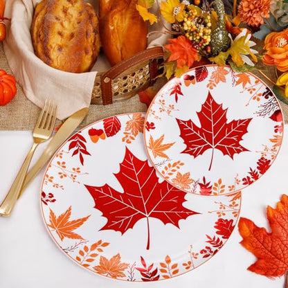 Thanksgiving Plastic Plates Set - Red Orange Round Style for Fall Parties, 30 Dinner & Dessert Plates with Gold Cutlery