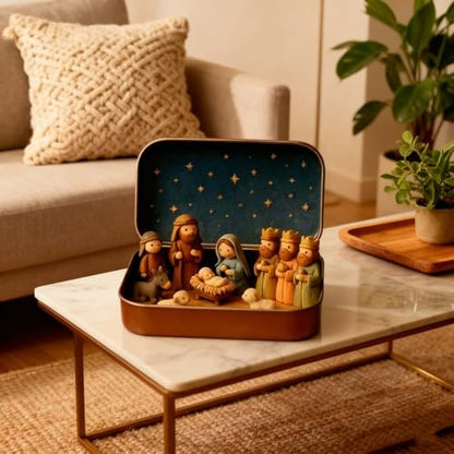 Mini Christmas Nativity Scene Set in Tin Box - Holy Family Figurines - 1PC