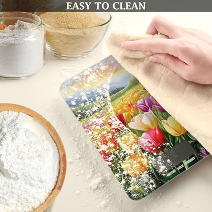QwThum Food Scale Kitchen Digital Scale Food Ounces and Grams Dieting Baking Cooking Waterproof Glass Panels LCD Display,4 Units Scale Tare Function Cartoon Tulips