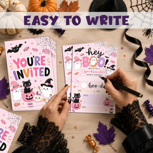 Pink Boo Ghost Halloween Birthday Party Invitations - 20 Pack with Envelopes