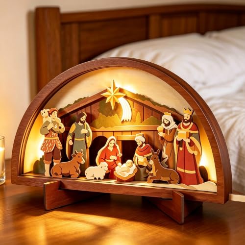 Wooden Nativity Scene with LED Light, Christmas Decoration for Home & Church