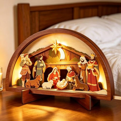 Wooden Nativity Scene with LED Light, Christmas Decoration for Home & Church
