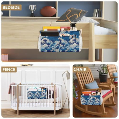 Deep Blue Sea Waves Bedside Caddy Organizer Hanging with 6 Pockets for Dorm Bed Bunk Rooms