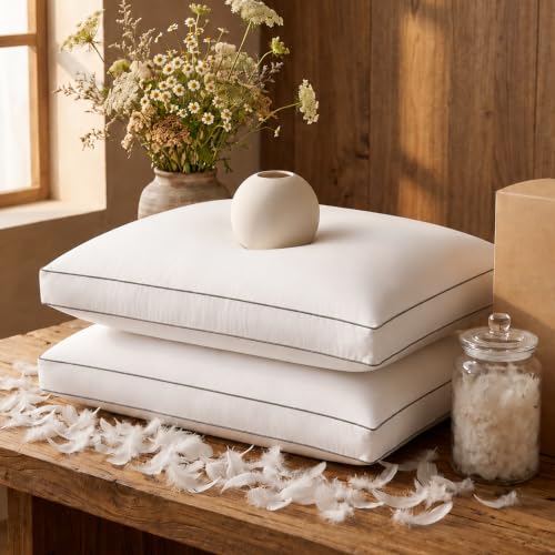 King Size Goose Feather Down Pillow Set of 2 - Soft & Fluffy Hotel Collection 20x36 in