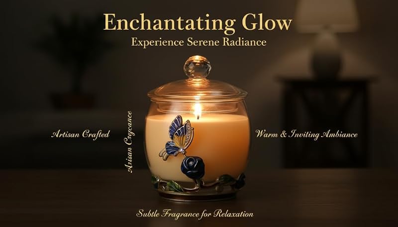 Blue Butterfly Rose Scented Soy Candle – Luxe Glass Jar with Crystal Lid, 60-80 Hr Burn