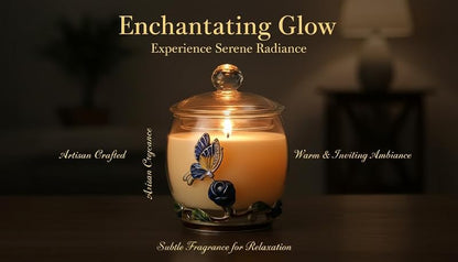 Blue Butterfly Rose Scented Soy Candle – Luxe Glass Jar with Crystal Lid, 60-80 Hr Burn