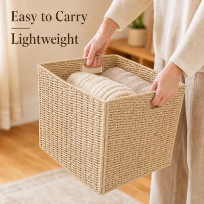 Wicker Storage Basket Set of 2, 13x13x13 Inch Foldable Cube Bins with Handles