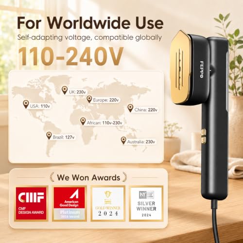 FEPPO Travel Steamer for Clothes Black-Gold Dual Voltage Handheld 2-in-1