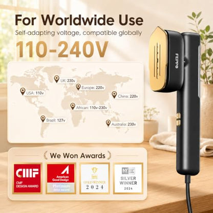 FEPPO Travel Steamer for Clothes Black-Gold Dual Voltage Handheld 2-in-1