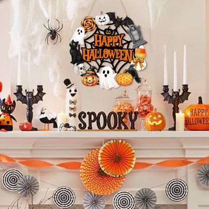 Halloween Wooden Ghost Door Wreath - Large Orange Halloween Decor for Front Door