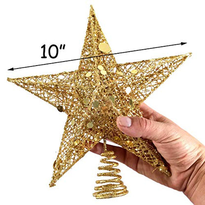 10-Inch Gold Christmas Tree Topper Star Holiday Decoration Glitter Metal