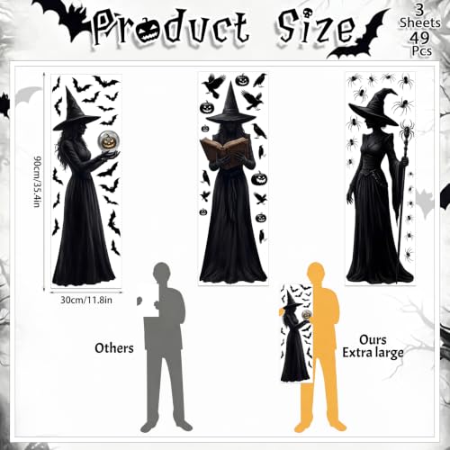 Halloween Witch Window Clings Set - Large 3 Sheets 49 Pieces, Reusable Decals
