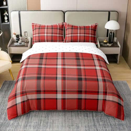 Gingham Black Red Full Size Bedding Set 3Pcs Cotton Duvet Cover & Pillowcases
