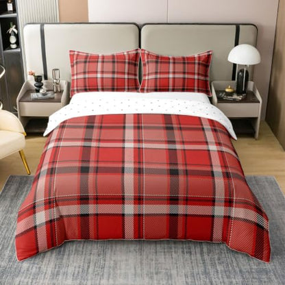Gingham Black Red Full Size Bedding Set 3Pcs Cotton Duvet Cover & Pillowcases