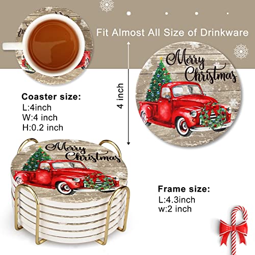 Christmas Truck Coasters Set with Gold Holder - Red Vehicle Holiday Drink Coasters - Variation of Truck Christmas Tree 01