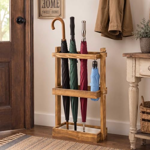 Wooden Umbrella Stand Rack with Removable Drip Tray for Entryway