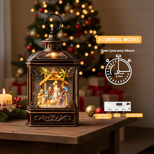 10.1-Inch Nativity Snow Globe Lantern with Music & Swirling Glitter - Christmas Decoration Gift