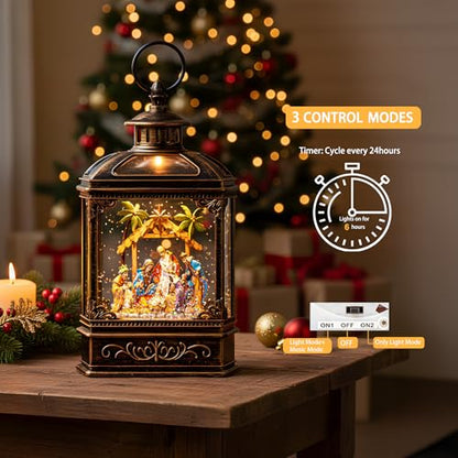 10.1-Inch Nativity Snow Globe Lantern with Music & Swirling Glitter - Christmas Decoration Gift