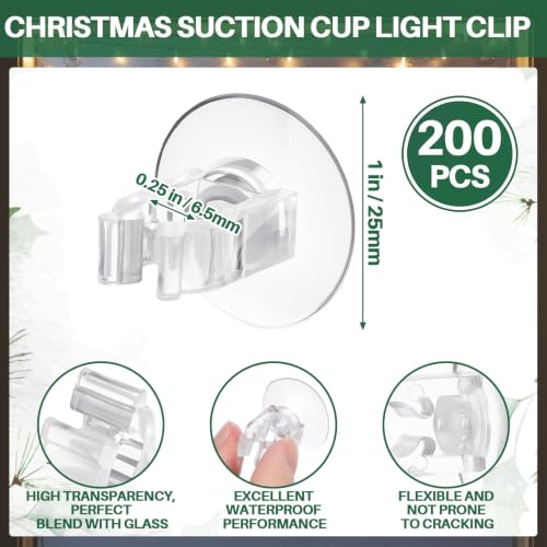 200 Pcs Mini Christmas Light Suction Cup Holders - Clear, Reusable & Easy to Install