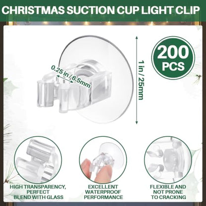 200 Pcs Mini Christmas Light Suction Cup Holders - Clear, Reusable & Easy to Install