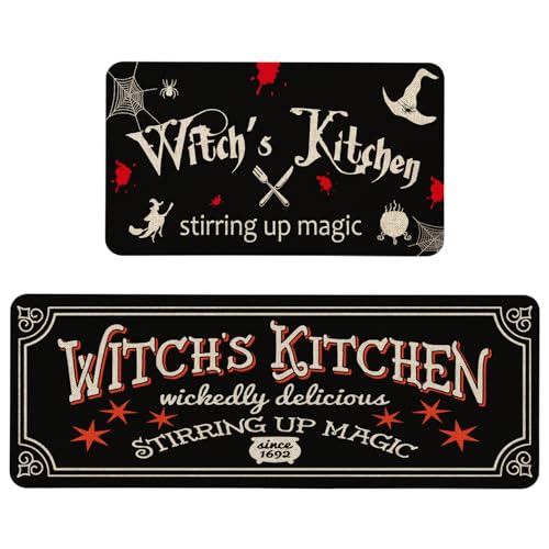 Halloween Witches Kitchen Mat Set of 2 - 17x29 & 17x47 Inches, Non-Slip Home Decor Rugs