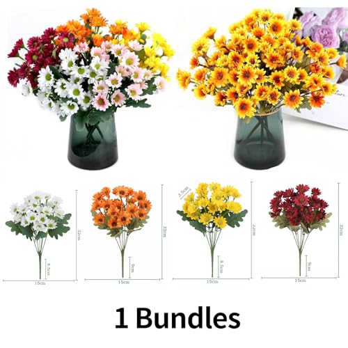 Artificial Fall Mums UV Resistant for Outdoors - Sunset Chrysanthemum (5 Bundles, Gold)