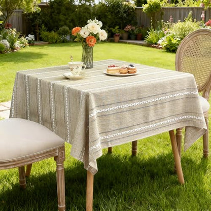 Farmhouse Embroidered Linen Texture Square Tablecloth 70x70 Inch Almond Buff