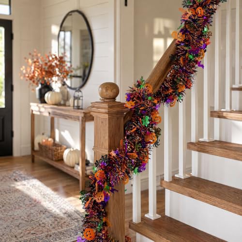 Halloween Metallic Tinsel Twist Garland - Orange and Purple Pumpkin Bat Spider Decorations - 50FT Indoor Outdoor Party Streamers - Halloween