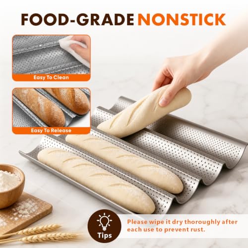 French Baguette Bread Pan Set - Nonstick 2-Pack with 8 Slots, Silver