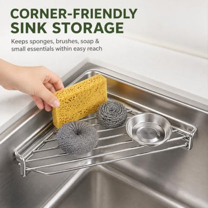 Silver Stainless Steel Corner Sink Shelf with Triangular Wire Rack