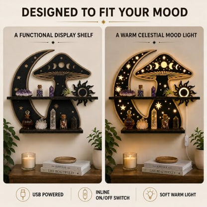 Moon Mushroom Decor LED Display Shelf with Light - 30x30cm