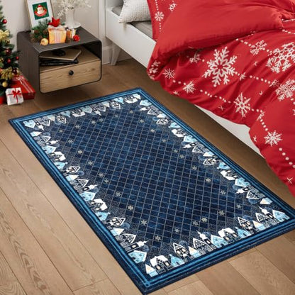 Christmas Washable Doormat 2x3 Small Rug with Snowman & Xmas Tree Motifs