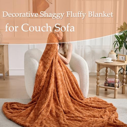 Faux Fur Rabbit Throw Blanket - Burnt Orange, 60x90 Inch Super Soft Plush Warm Blanket