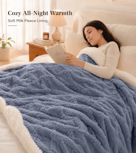 Reversible Sherpa Fleece Blanket for Bed - Blue, Twin 71x79 Inches - Heavyweight Warmth