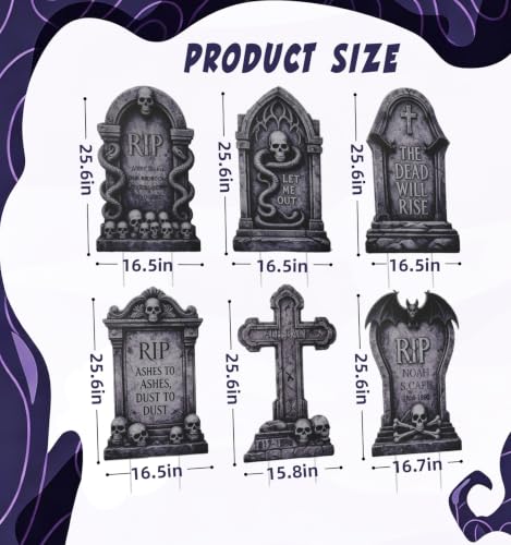 Halloween Tombstones Outdoor Graveyard Decorations 25.6 Inch - 6 Pack, Weatherproof Plastic Set - Spooky Yard Props with Stable Stakes