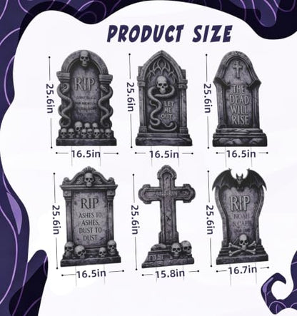 Halloween Tombstones Outdoor Graveyard Decorations 25.6 Inch - 6 Pack, Weatherproof Plastic Set - Spooky Yard Props with Stable Stakes