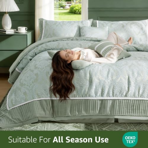 King Size Comforter Set 7 Piece Jacquard Damask Bedding in Sage Green