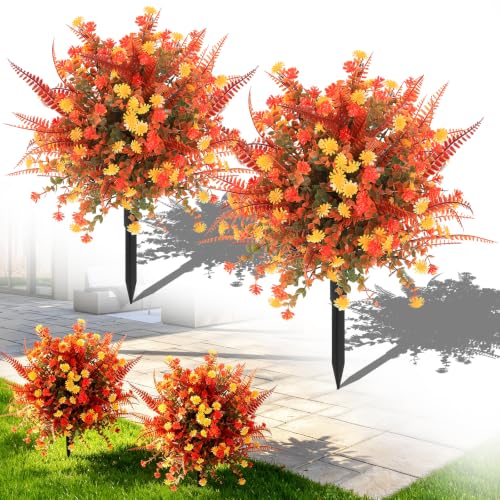 Fall Topiary Ball Flowers with Spike - Artificial Outdoor Plant, 24 Inch, 2 Pack