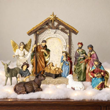 13-Piece Christmas Nativity Scene Set with Lighted Stable and Hand-Painted Figures