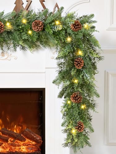 6FT Christmas Garland with Lights - Realistic Cedar & Pinecones, Prelit Indoor Outdoor Decor - Variation 1 / 6FT-1Pc
