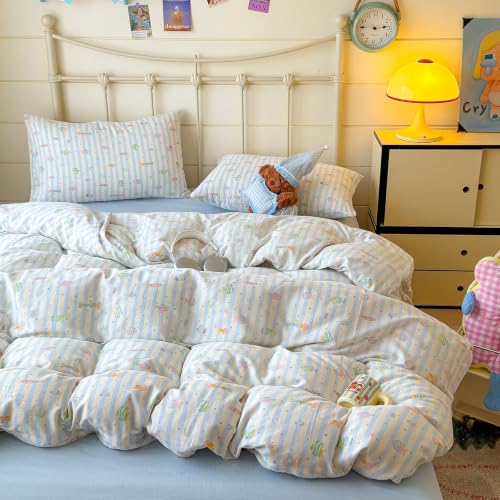 Kids Fish Duvet Cover Set Muslin Cotton Twin Blue Striped 4 Piece