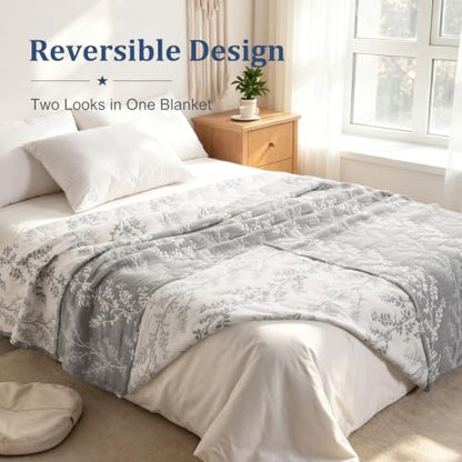 King Size Muslin Cotton Blanket - 3-Layer Yarn-Dyed Tree Design, 106x92 Inches