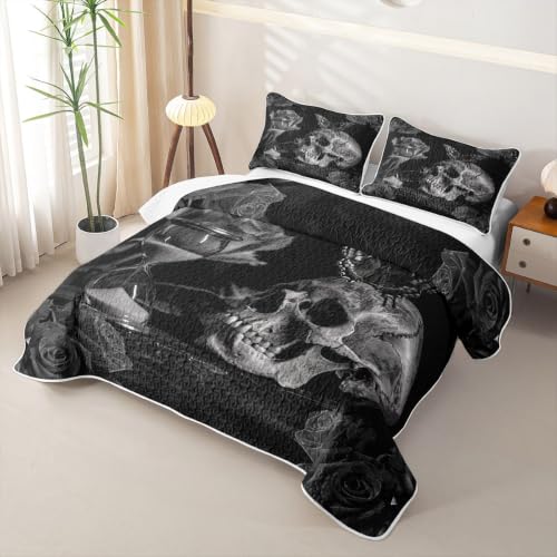 Halloween Gothic Bedspread Set Queen Black Skull Rose Coverlet with Pillowcases