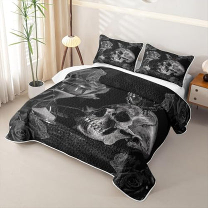 Halloween Gothic Bedspread Set Queen Black Skull Rose Coverlet with Pillowcases
