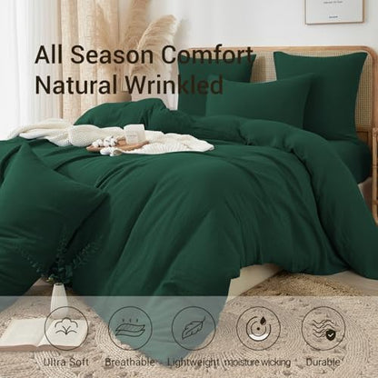 Dark Green Twin Muslin Cotton Duvet Cover Set - Fluffy Solid Bedding