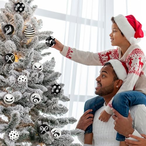 Gothic Halloween Christmas Ornaments Set - Black & White Holiday Decor, 24 Pcs