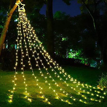 Outdoor Christmas Decorations 11.5ft Warm Waterfall Tree Lights with Star, 8 Modes