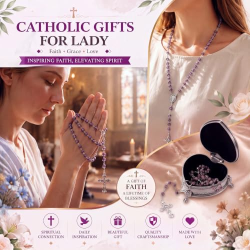 Catholic Handmade Rosary Necklace Beads Cross Set for Women Men with Purple Flower Beads
