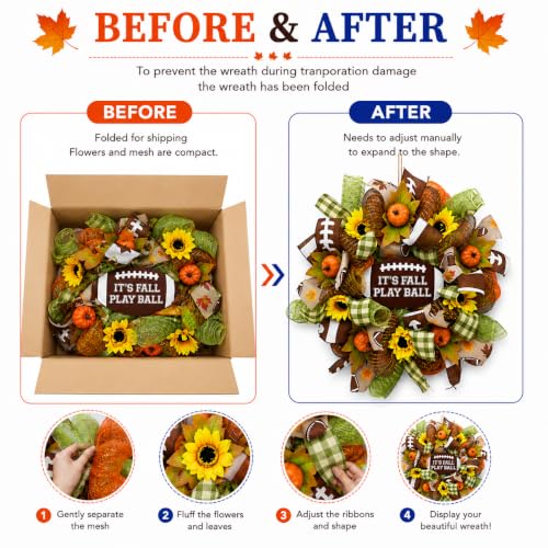 Thanksgiving Football Wreath for Front Door Fall Decor with Sunflowers Pumpkins